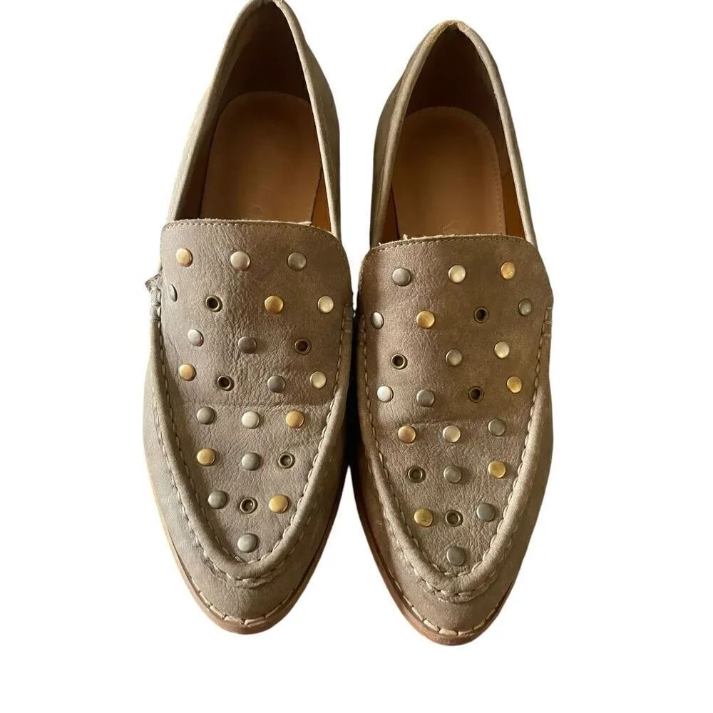 Mi.im Womenās Taupe Leather Almond Toe Studded Detail Slip-OnāLoafers Size 8